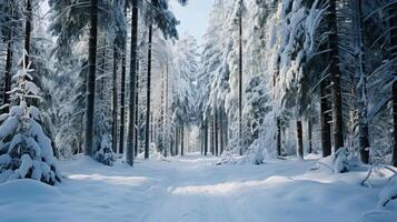 ai genererad en vinter- sagoland av en ren snöig skog med grön tallar och gnistrande snöflingor foto