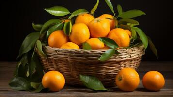 ai genererad korg fylld med färsk aromatisk mandariner foto