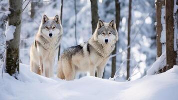 ai genererad en par av vargar i en snö täckt skog en vild och majestätisk scen foto