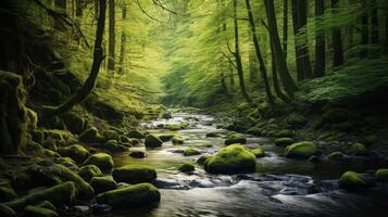 ai genererad de slingrande flod på vilket sätt den flöden och ger näring de skog liv foto