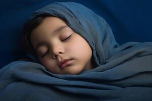 ai genererad studio porträtt av söt trött sovande barn på vit och Färg bakgrund foto