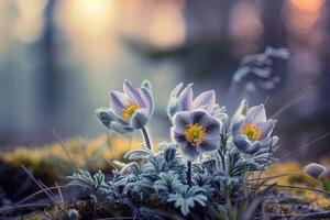 ai genererad blommor av de windflower eller pulsatilla patens. först vår blomning blomma foto