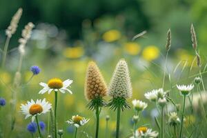 ai genererad teasels med blommor mot grön bakgrund. foto