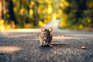 ai genererad mus stående på de väg nära skog på tidigt morgon- eller kväll tid. väg faror, vilda djur och växter och transport. foto