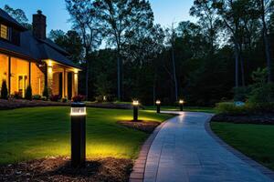 ai genererad ljus inlägg upplyst bakgård trädgård under natt timmar. modern bakgård utomhus- belysning system. foto