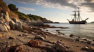 ai genererad de resterna av en förstört fartyg på en sten strand foto