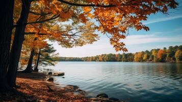 ai genererad höst sjö landskap med färgrik träd och reflektioner foto