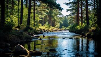 ai genererad tall skog och lugna flod i naturlig miljö foto