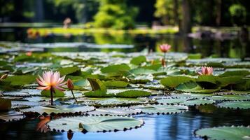 ai genererad en lugn scen av en lotus damm med rosa och vit blommar och klar vatten foto