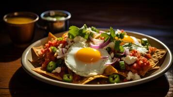 ai genererad chilaquiles och salsa i en utsökt mexikansk frukost foto