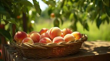 ai genererad korg av persikor med en sommar Rör foto