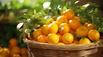 ai genererad vävd korg fylld med aromatisk kumquats foto