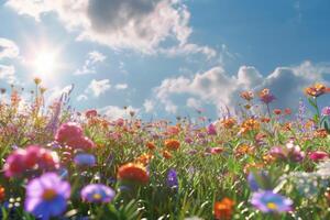 ai genererad fält av vår blommor och solig himmel foto