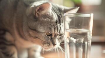 ai genererad porträtt av en katt ser på en glas av vatten. foto