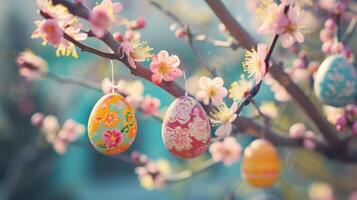 ai genererad färgrik påsk ägg hängande på blomning träd grenar utomhus- i trädgård. foto