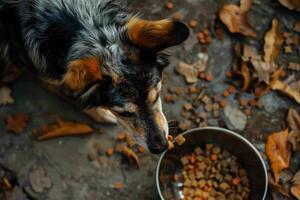 ai genererad se av hund äter mat från en skål. foto