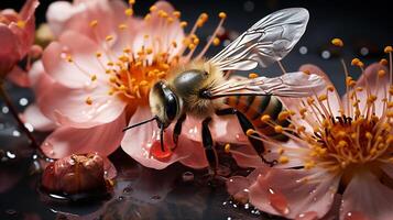 ai genererad en bi täckt i pollen slingor de avgörande roll dessa insekter spela i de pollinering bearbeta foto