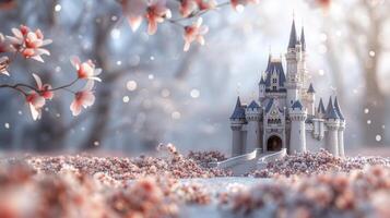 ai genererad 3d tecknad serie stil skön prinsessa slott omgiven förbi blommor foto