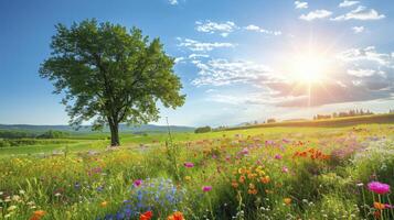 ai genererad färgrik vår sommar landskap bakgrund foto