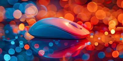 ai genererad en modern vit dator mus sitter på en glansig yta, upplyst förbi färgrik bokeh ljus reflektioner skapande en festlig atmosfär foto