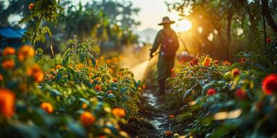 ai genererad jordbrukare besprutning organisk pesticider i blomma trädgård. arbetstagare i skyddande redskap noggrant tenderar till vibrerande blooms på solnedgång foto