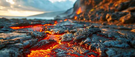 ai genererad smält lava strömma på oländig vulkanisk landskap. eldig smält lava flöden genom en mörk, kyld vulkanisk terräng, visa upp de rå kraft av natur foto