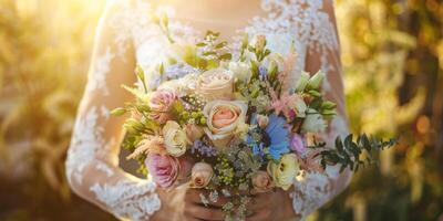 ai genererad brud i spets klänning innehav en pastell bröllop bukett foto