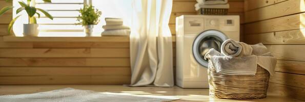 ai genererad en stack av handdukar är ordentligt anordnad på topp av en korg- korg placerad Nästa till en tvättning maskin i en mysigt tvätt rum miljö foto