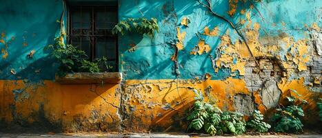 ai genererad de texturerad Fasad av en blå och gul vägg med peeling måla, bevuxen med växter gjutning skuggor i de solljus foto
