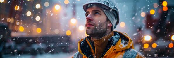 ai genererad en man är sett bär en ljus gul hatt och jacka medan stående i de snö. han visas fokuserade på en uppgift eller riktning. de snöig bakgrund lägger till till de kall och vinterlig atmosfär foto