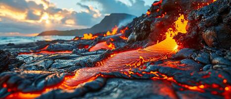 ai genererad smält lava strömma på oländig vulkanisk landskap. eldig smält lava flöden genom en mörk, kyld vulkanisk terräng, visa upp de rå kraft av natur foto