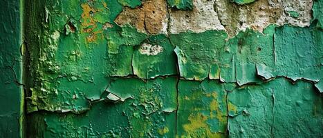 ai genererad närbild bild av knäckt och peeling grön måla avslöjande de texturerad betong yta under foto