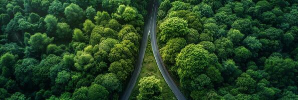 ai genererad de antenn se fångar en väg skärande genom tät skog vegetation. de väg visas till dela in i två banor mitt i de grönska, skapande en unik mönster i de landskap foto