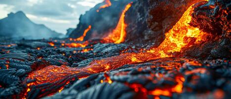ai genererad smält lava strömma på oländig vulkanisk landskap. eldig smält lava flöden genom en mörk, kyld vulkanisk terräng, visa upp de rå kraft av natur foto
