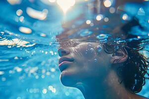 ai genererad en lugn under vattnet porträtt fångande en personens profil med luft bubblor stigande runt om dem, badade i de solens strålar filtrering genom klar blå vatten foto