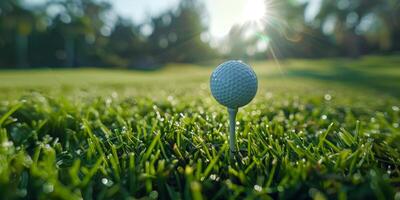 ai genererad en golf boll redo på en tee, bakgrundsbelyst förbi de strålnings gyllene timme Sol mot en mjukt fokus berg landskap foto