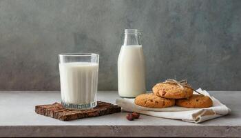 ai genererad glas av mjölk och kaka på tabell foto