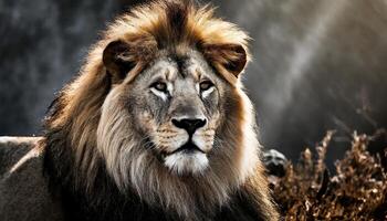 ai genererad filmiska bild av en lejon i en natur landskap foto