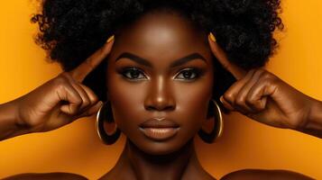 ai genererad oförlåtligt skön, utan ansträngning chic, självsäker ung svart kvinna Framställ med stil, generativ ai foto