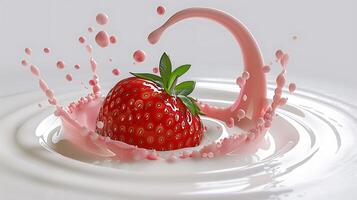ai genererad mjölk stänk med jordgubbar isolerat på vit bakgrund foto