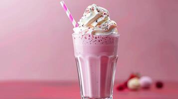 ai genererad randig strån i en glas av stänk jordgubb milkshake isolerat på pastell rosa Färg bakgrund foto