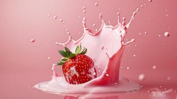 ai genererad rosa mjölk stänk med jordgubbar isolerat på rosa bakgrund foto