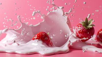 ai genererad mjölk stänk med jordgubbar isolerat på rosa bakgrund foto