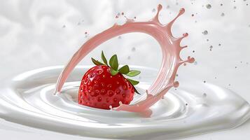 ai genererad mjölk stänk med jordgubbar isolerat på vit bakgrund foto