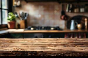 ai genererad brun trä- kök tabell suddigt bakgrund foto