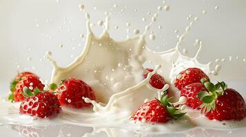 ai genererad jordgubb och mjölk stänk på vit bakgrund foto
