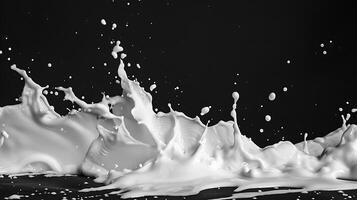 ai genererad mjölk eller vit flytande stänk isolerat på svart bakgrund foto