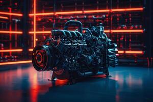 ai genererad en stor, allra senaste bil- motor är visat upp atop en kraftig tabell, utsöndrar kraft och innovation. foto