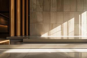 ai genererad minimalistisk interiör design, betong textur med naturlig trä accenter, i modern elegans foto