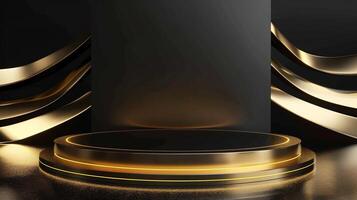 ai genererad guld svart lyx podium bakgrund gyllene produkt linje skede foto